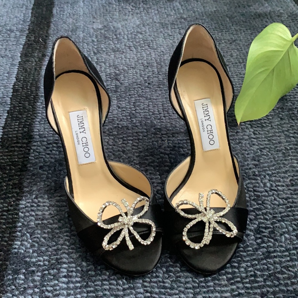 🖤JIMMY CHOO Black Satin and Jeweled Flower Heels